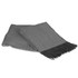 A soft grey throws blanket with a herringbone pattern and fringed edges, neatly folded.