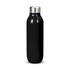 A drink bottle in sleek black with a stainless steel lid and a minimalist design. It features a logo.