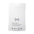 A white Bluetooth tracker with a logo, featuring a sleek design and multiple identification marks on the back.