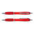 A pair of translucent red plastic pens with silver accents and a clip, featuring a comfortable grip.
