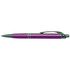 A purple metal pen with a textured grip and a silver clip, featuring a logo on the barrel.