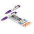 A purple and silver pen alongside a promotional brochure featuring a logo.