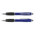 A blue stylus pen with a plastic body and black grip, featuring a chrome clip and end. Includes branding.