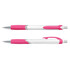 Two plastic pens featuring a white barrel with pink accents and grips, one with a click mechanism.