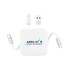 A charging device in white with a logo, featuring a retractable cable and two connectors.