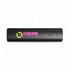 A black portable charger featuring a logo and indicator light. Compact design for charging devices on the go.