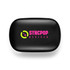 A black rectangular case with a bright logo featuring green and pink elements, showcasing the brand name.