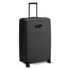 A large black suitcase with a retractable handle and wheels, featuring a logo on the front.
