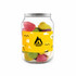 A clear jar containing colourful jelly sweets in various shapes, with a logo on the label.