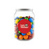 A clear jar containing M&M's in various colours, including red, blue, yellow, green, brown, and orange.