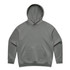 A grey hooded sweatshirt featuring a front pocket and a logo on the chest.