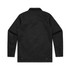 A black work jacket with a collared neck and long sleeves, featuring button details at the cuffs.