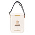 A rectangular white cooler bag with a shoulder strap and a logo. It features a gold accent on the closure.