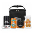 A black cooler bag containing a drink bottle, ginger beer, beer nuts, and gingerbread biscuits with a logo.