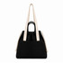 A black tote bag with a drawstring closure, featuring a front pocket and dual straps in a contrasting colour.