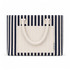 A striped tote bag featuring navy and cream colours, with a flat pocket and sturdy handles. It has a logo.