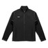 A black unisex softshell jacket featuring a high collar and a logo. The jacket has long sleeves and a front zip.