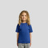 A blue kids' T-shirt featuring short sleeves and a simple design, paired with grey shorts.