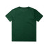 A green kids' t-shirt with a plain design and a logo on the back. Suitable for casual wear.