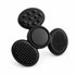 A tactile fidget spinner in black with various textured surfaces, including bumpy and ribbed sections.