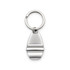 A silver keytag in the shape of a boat, attached to a circular metal keyring.
