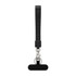 A black wrist keytag with a textured grip and a metal clip for attachment, featuring a small branding logo.
