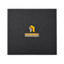 A black textured folder featuring a logo in the centre. The logo includes yellow and grey elements.