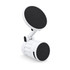A white phone holder with two round black magnetic pads, featuring an adjustable arm for flexibility.