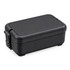 A black lunchbox with a secure lid and a compact design, featuring a logo on the side.