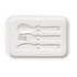 A white tray featuring a spoon, fork, and knife, all in matching plastic material. It has a branding logo.
