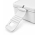 A white lunchbox with a double tray design and a secure latch for easy opening. It features a logo.