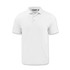 A white men's polo shirt with a two-button placket and short sleeves, featuring a logo on the chest.