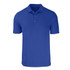 A blue men's polo shirt with a collar, short sleeves, and buttons, featuring a logo.