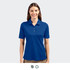 A blue women's polo shirt with a collar, short sleeves, and a buttoned placket. The shirt features a logo.