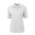 A light grey women's polo shirt with a collar and short sleeves, featuring buttons and a logo.