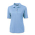 A light blue women's polo shirt with a collared neckline and short sleeves, featuring a logo.
