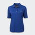 A blue women's polo shirt with a collar and short sleeves, featuring a logo on the chest.