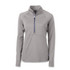 A grey women's half-zip top with long sleeves, featuring a zippered collar and a branding logo.
