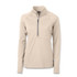 A light beige women's half-zip top with long sleeves and a zippered neckline, featuring a logo.