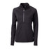 A black half-zip pullover with long sleeves, featuring a zippered collar and a logo on the side.