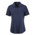 A navy women's polo with a collared neckline, short sleeves, and a button placket, featuring a logo.