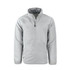 A grey full zip jacket featuring a stand collar and a logo on the chest.