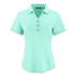A short-sleeved women's polo in mint green with a collared neck and button detailing, featuring a logo.