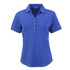 A blue women's polo shirt with a collared neckline and three buttons, featuring a small logo.