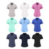A collage of women's polo shirts in various colours: grey, white, pink, mint, light blue, blue, navy, and black. Each shirt features a collar and buttons.