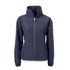 A women's full zip jacket in navy blue with a high collar and a fitted design. It includes a logo on the chest.