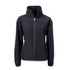A women's full zip jacket in black with a high collar and long sleeves, featuring a logo on the side.