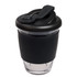 A reusable coffee cup with a black snap lid and a silicone sleeve for grip. The cup features a clear glass body.