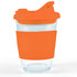 A reusable coffee cup with a clear body and an orange silicone sleeve. It features a snap lid for easy access.