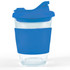 A reusable coffee cup with a transparent body, featuring a blue silicone sleeve and a snap lid.